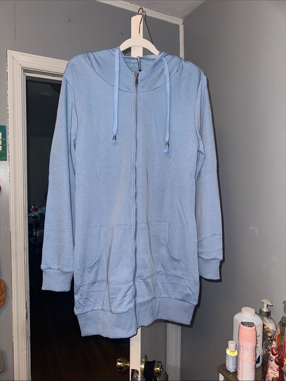 zeagoo Sky Blue Hooded Zip-Up extra long fitted jogging jacket s/m.